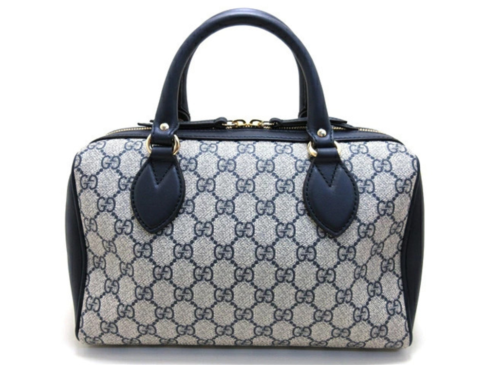 Gucci GG Supreme Boston Bag Canvas Calfskin Gray Navy Blue